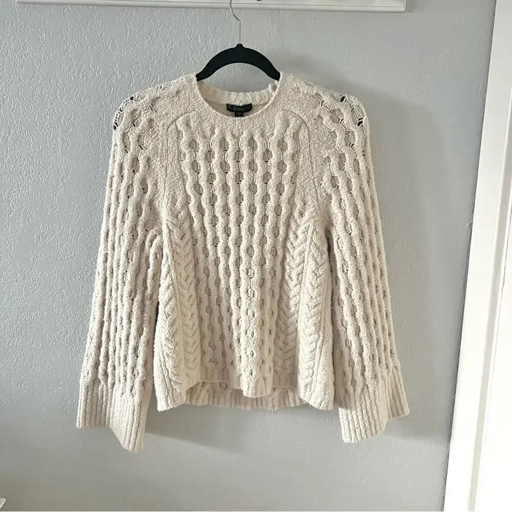 J.Crew Cream Cotton-Blend Bouclé Cable-Knit Sweater